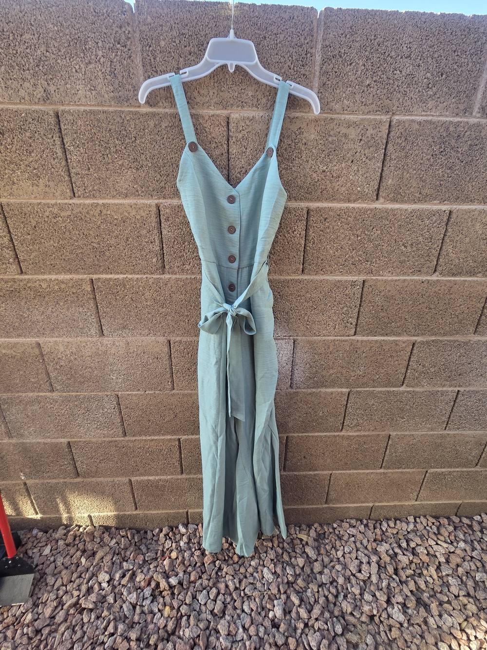 Light Sage Green Button-Front Jumpsuit with Tie Waist